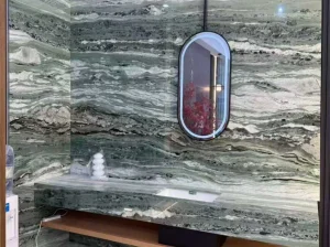 brazilian verde vivo quartzite bathroom vanity wall with green layered veining