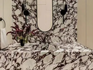 breccia violetta marble bathroom vanity top and feature wall with burgundy veins