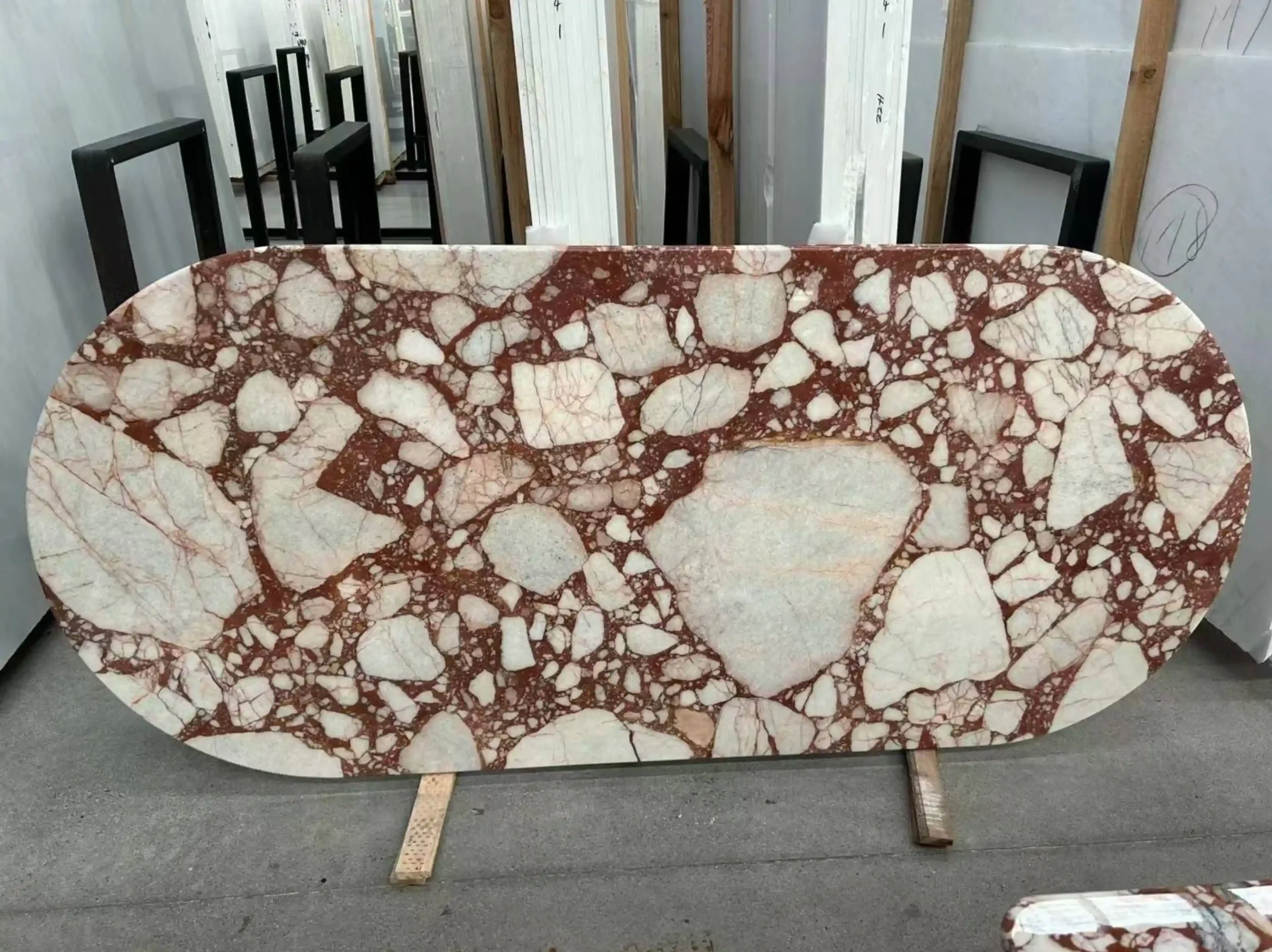 breccia-violetta-marble-oval-table-top-02.webp breccia violetta marble oval table top with ivory and burgundy breccia texture