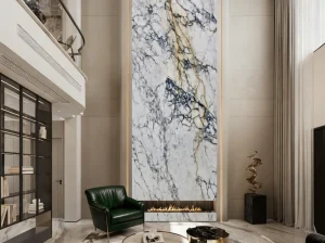 calacatta monet marble living room fireplace wall with dark blue grey veining