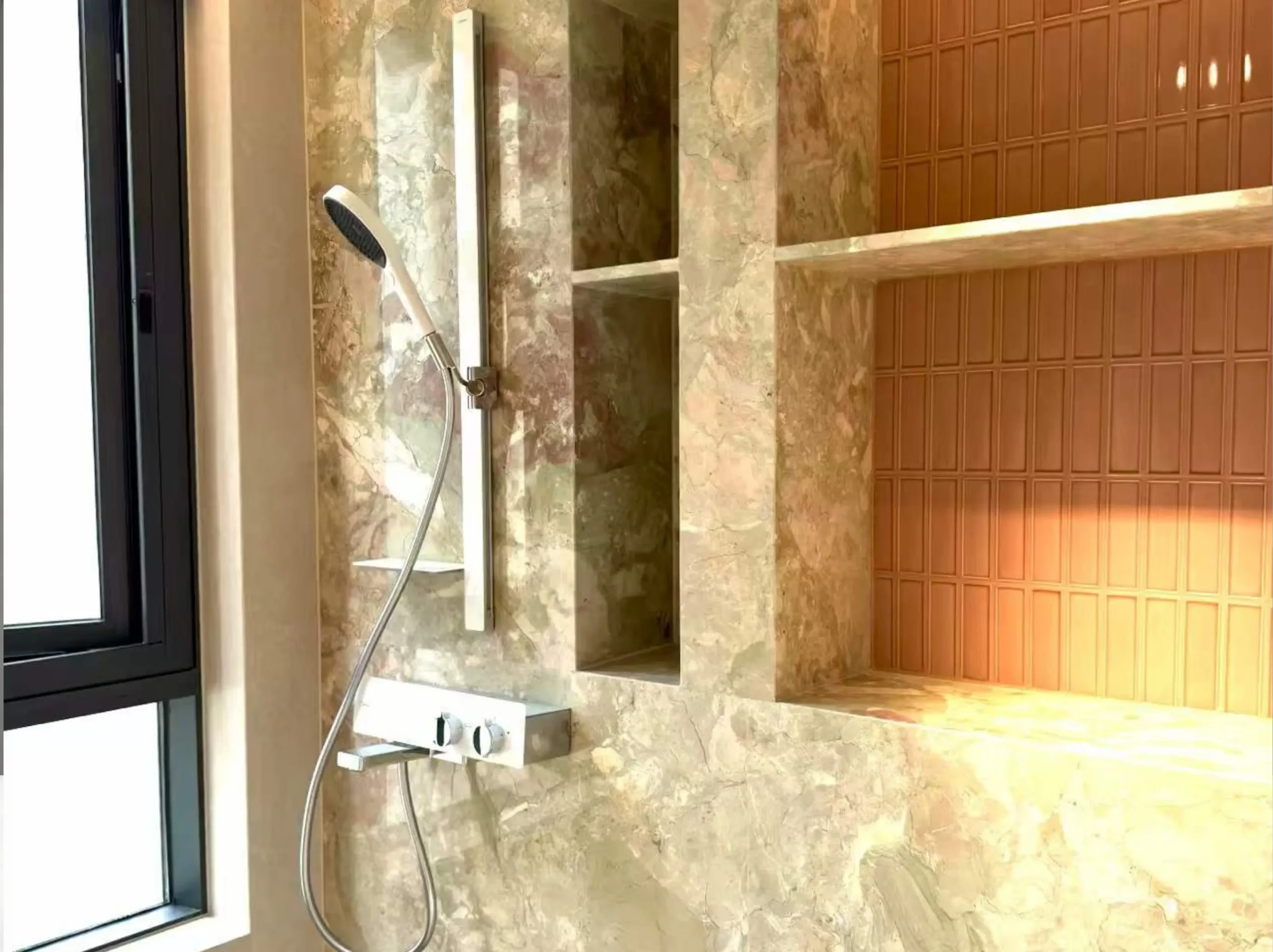 ceppo-romano-marble-bathroom-shower-wall-02.webp ceppo romano marble bathroom shower wall with beige green and blush breccia pattern