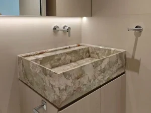 ceppo siciliana marble bathroom sink vanity with soft beige breccia texture