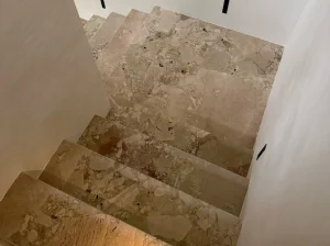 ceppo siciliana marble staircase floor with beige green and blush breccia pattern