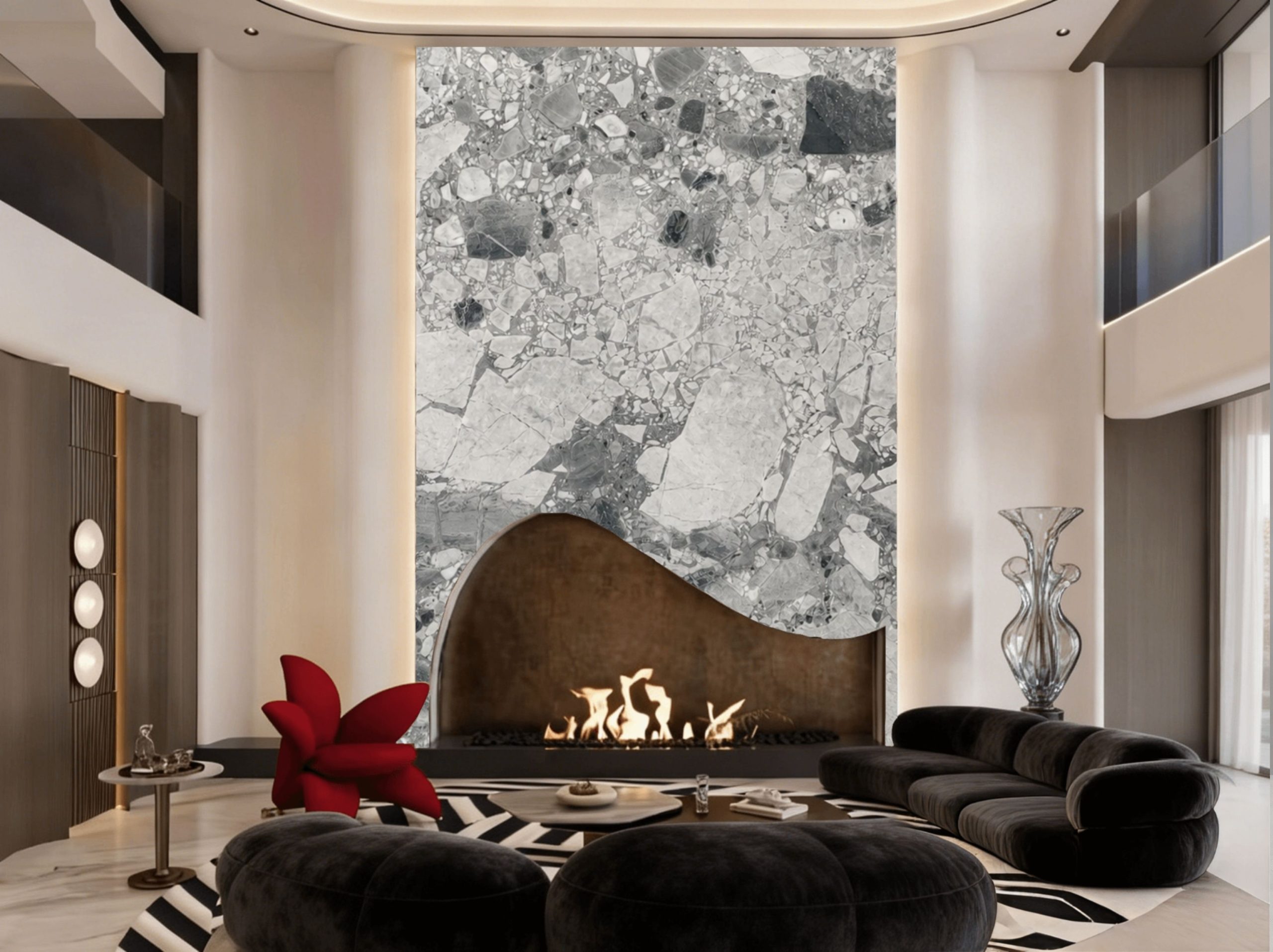 chinese-panda-grey-marble-fireplace-feature-wall-01.webp chinese panda grey marble fireplace feature wall with grey white breccia texture