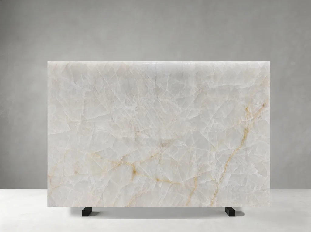 chineses white crystal quartzite slab translucent golden vein for custom luxury interiors