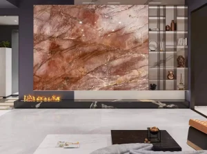 cosmopolitan quartzite bar counter wall with rose copper natural veining