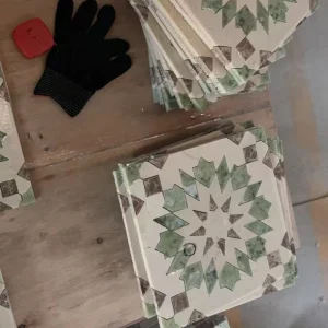 Cream Marfil and Ming Green Marble Mosaic Tiles handmade production process