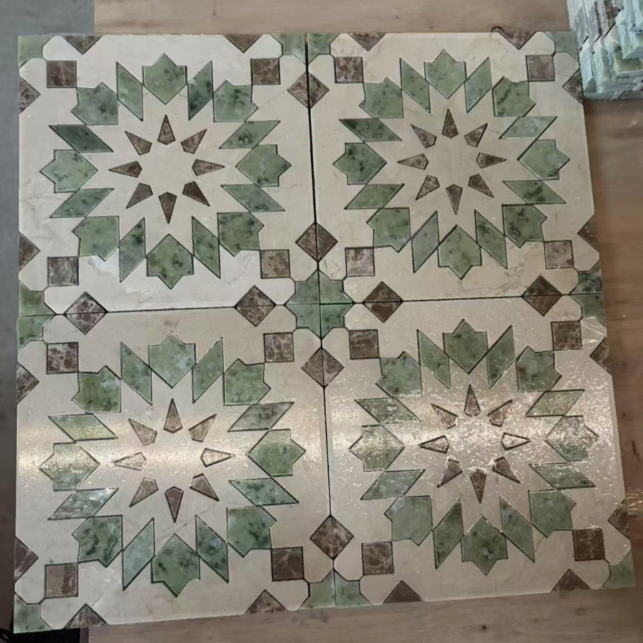 Cream Marfil and Ming Green Marble Mosaic Tiles installed layout sample