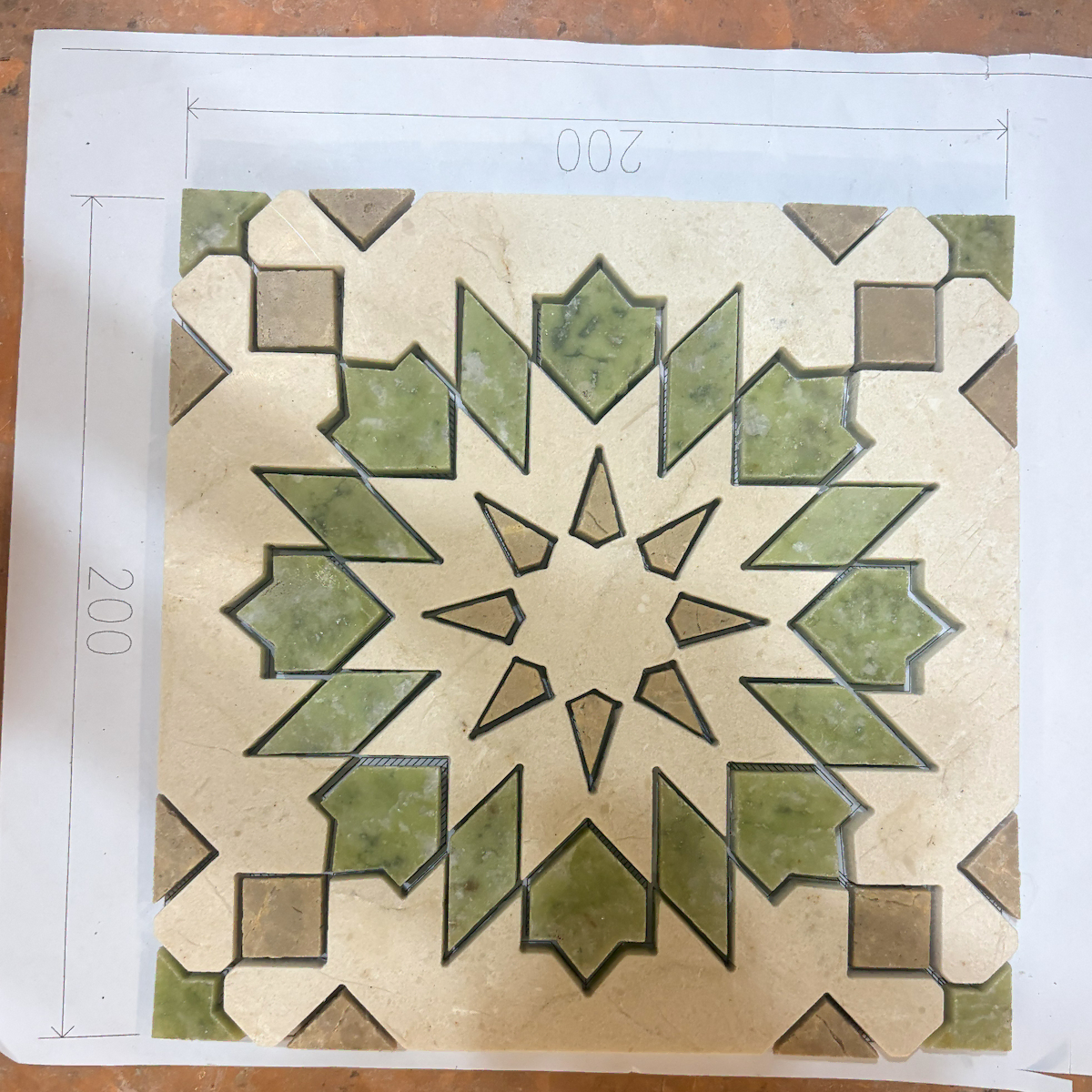 Cream Marfil and Ming Green Marble Mosaic Tiles single panel sample for custom mosaic flooring