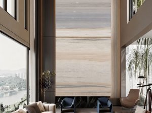 crevola blue marble tall feature wall with horizontal beige and grey linear pattern