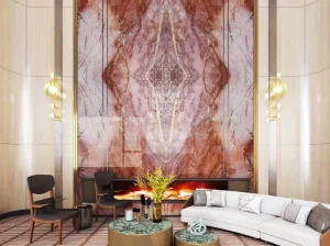 cristallo juliet quartzite bookmatched feature wall with pink peach crystal pattern