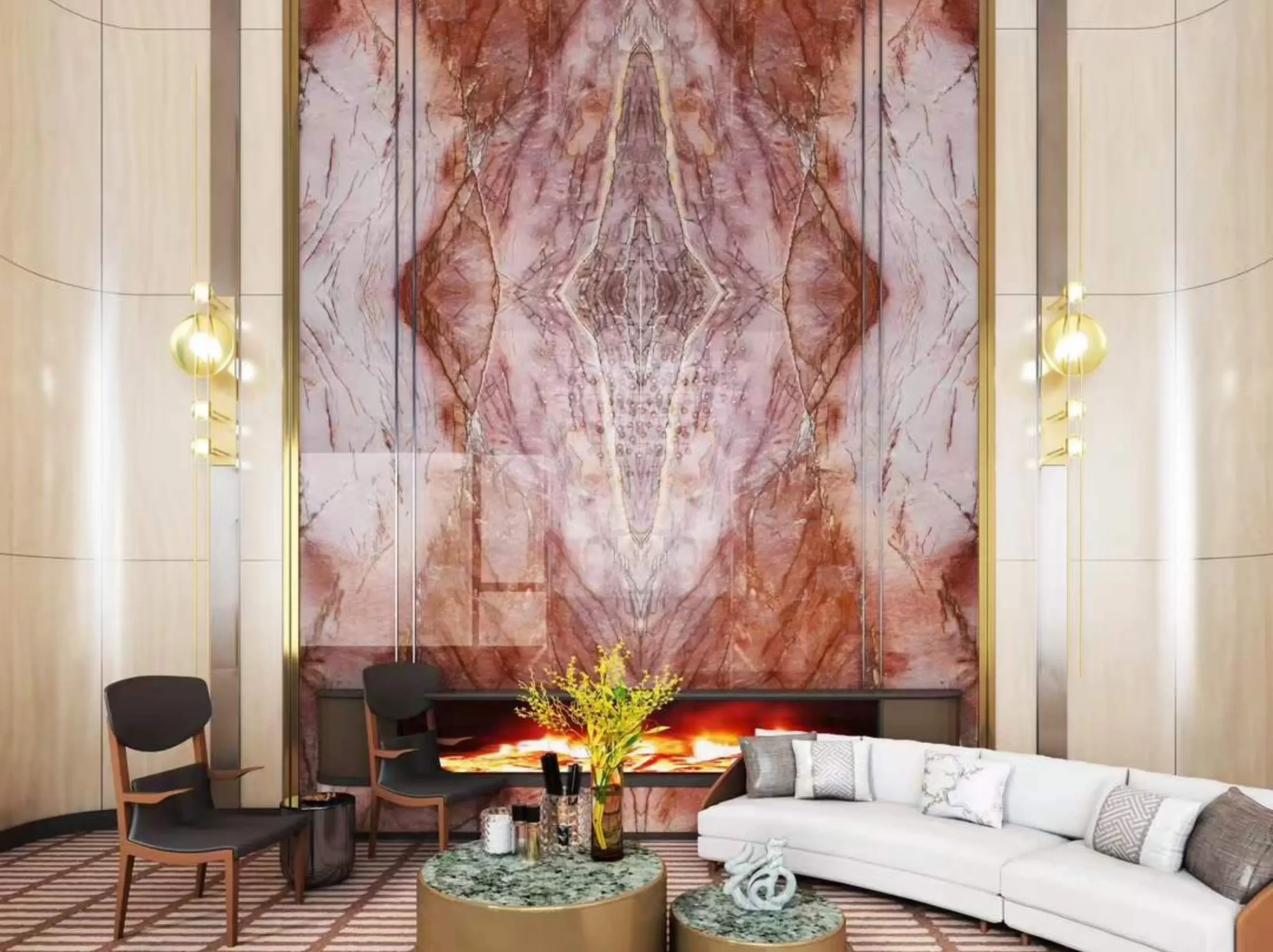 cristallo-juliet-quartzite-bookmatched-feature-wall-01.webp cristallo juliet quartzite bookmatched feature wall with pink peach crystal pattern