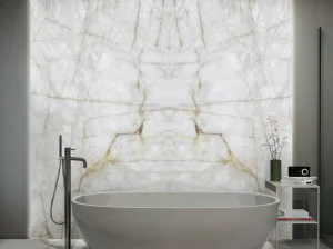 cristallo quartzite backlit bathroom feature wall with soft white crystal veins