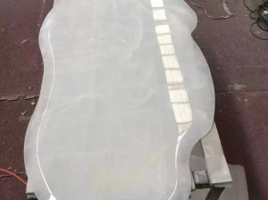 crystal quartzite custom shaped table top with polished translucent white surface