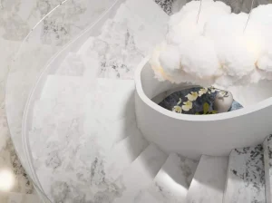 damasco white marble stair application with soft grey veining