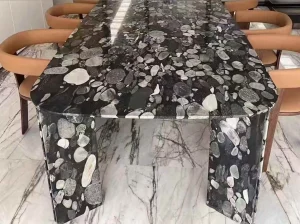 four season green marble custom table and island top for luxury interiors