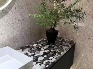 green colorful granite vanity countertop with polished pebble texture