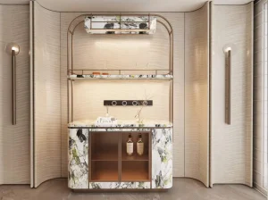 ice green marble custom bar cabinet with curved counter and decorative stone details