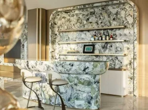 ice green marble luxury bar counter with white green and black breccia pattern