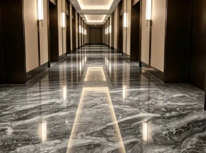 iride nero marble hotel corridor flooring with black silver veining