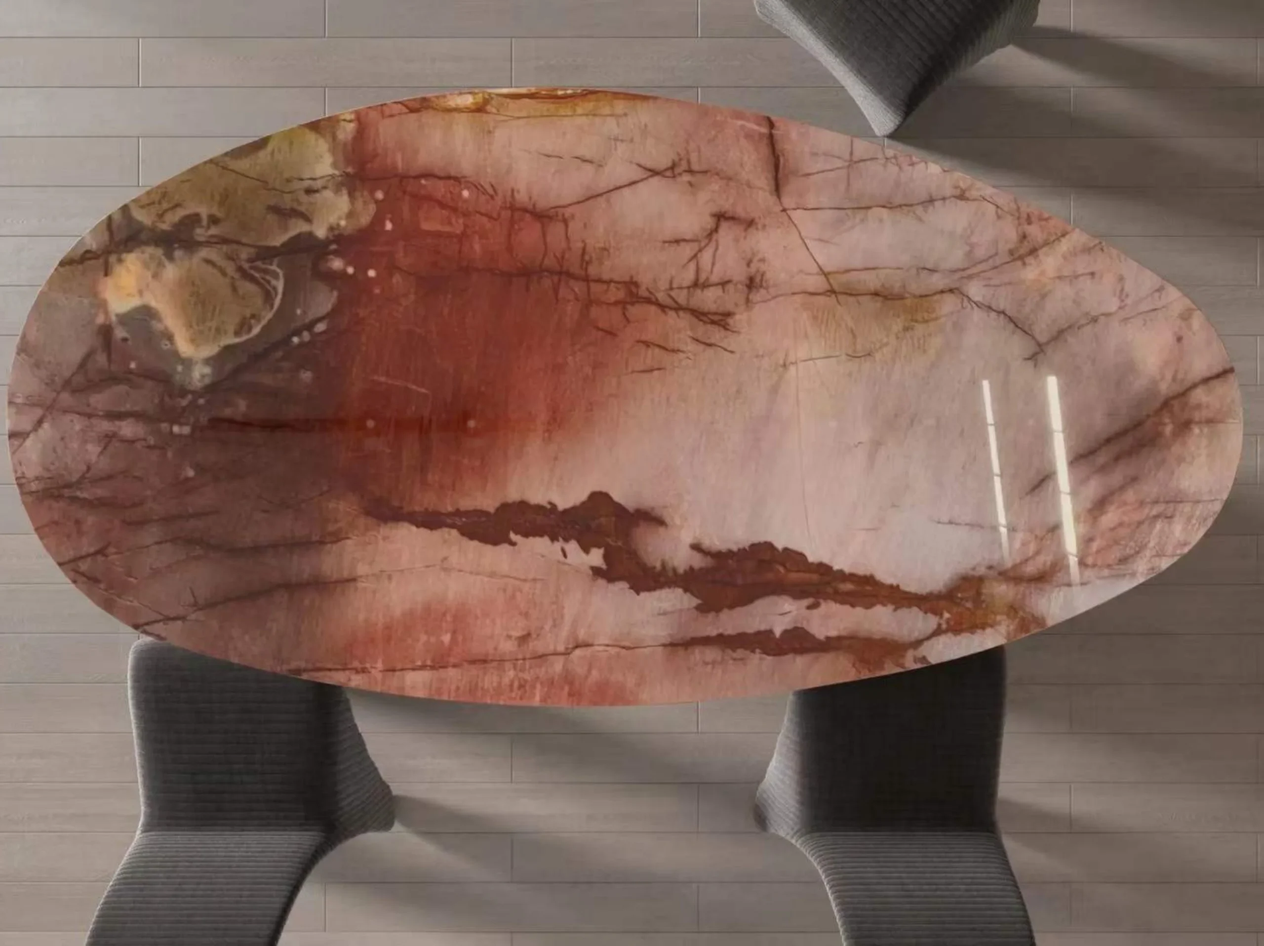 juliet-crystal-quartzite-oval-dining-table-01.webp juliet crystal quartzite oval dining table top with rose pink veining