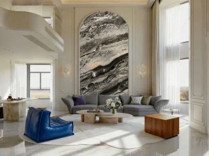 marmo orobico grigio marble arched living room wall with grey black veining