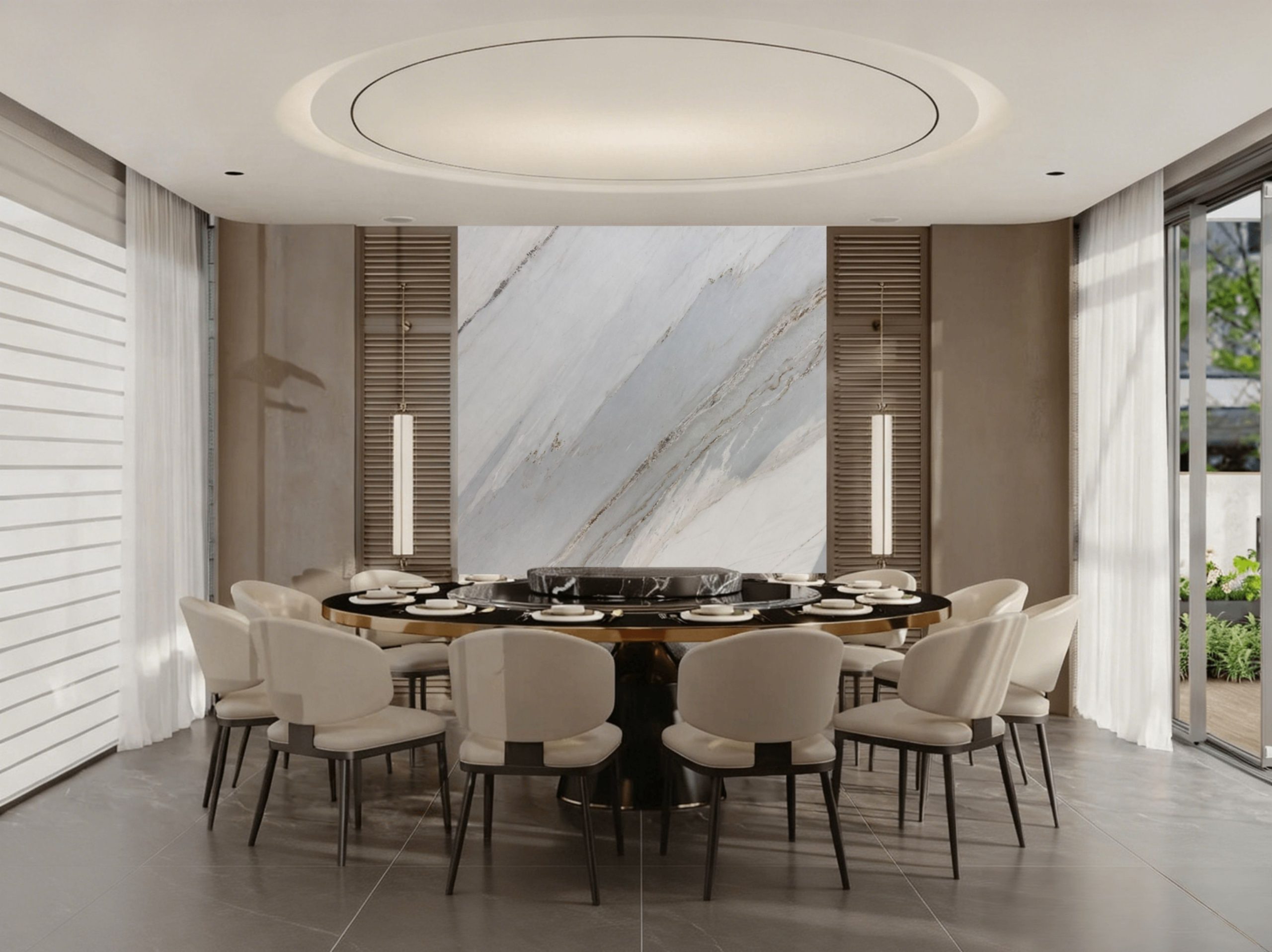 marmo-palissandro-azzurro-dining-room-wall-01.webp marmo palissandro azzurro marble dining room wall with soft blue grey veining