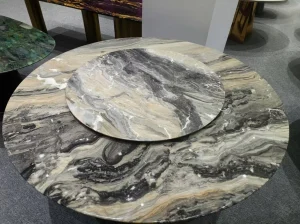 orobico grey gold marble round table top with layered grey and gold pattern