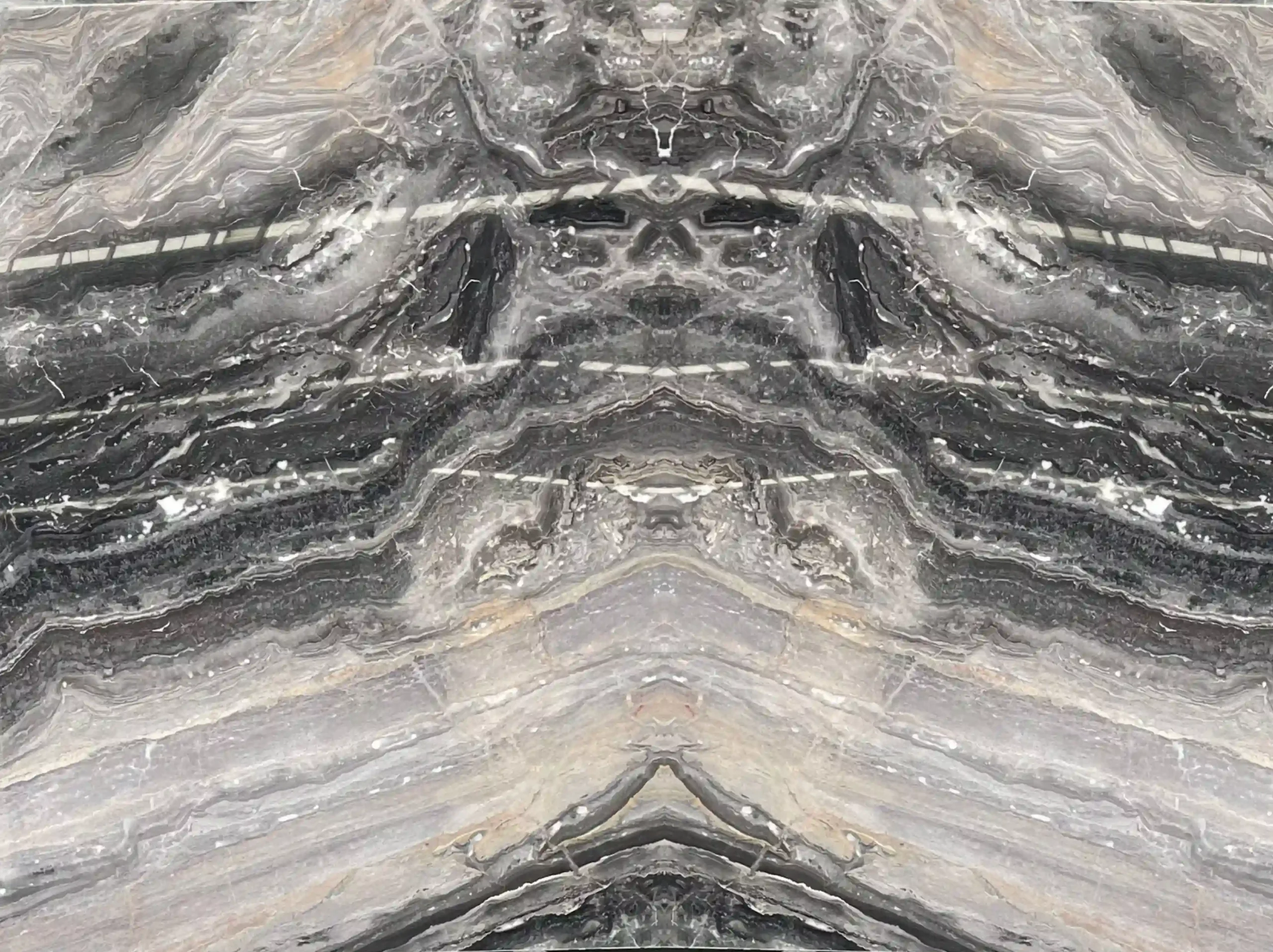 orobico-grey-marble-bookmatched-wall-panel-03.webp orobico grey marble bookmatched wall panel with grey black symmetrical pattern