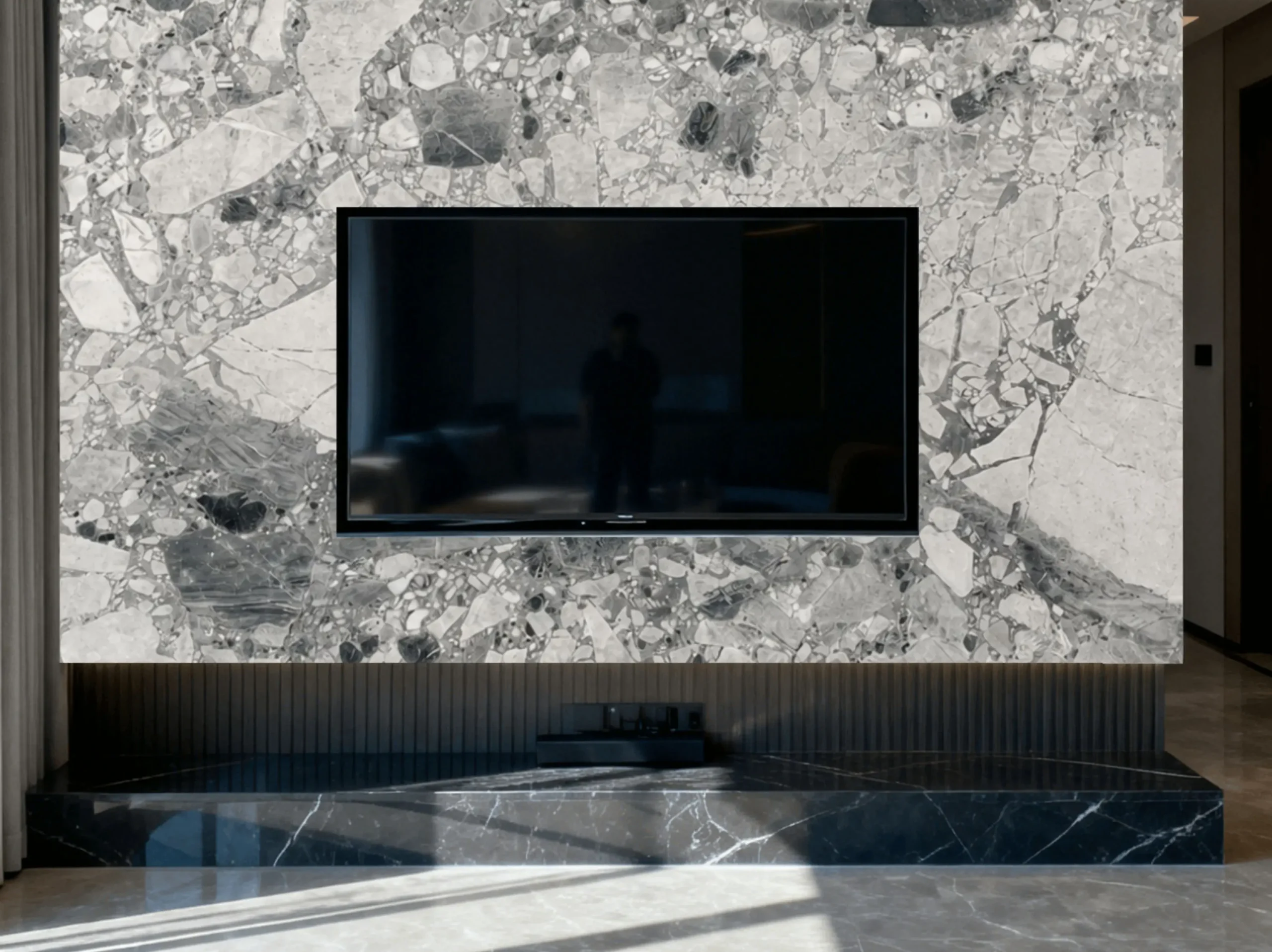 panda-grey-flower-marble-tv-feature-wall-02.webp panda grey flower marble tv feature wall with light grey breccia texture