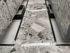 panda grey marble polished floor and wall panels with grey white fragment texture