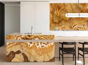 persian tiger onyx kitchen island and backsplash with golden amber tiger veins