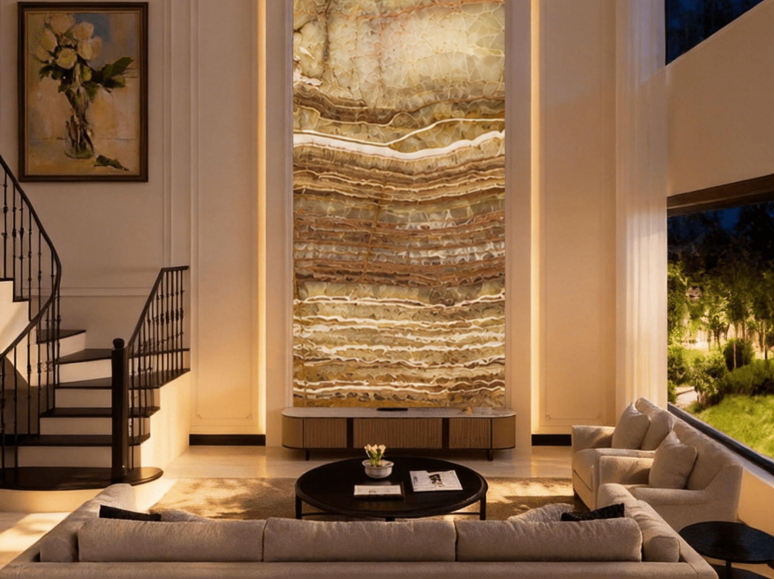 persian-tiger-onyx-stair-hall-feature-wall-02.webp persian tiger onyx stair hall feature wall with warm golden banding