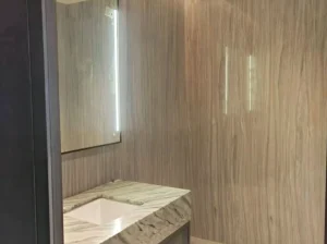silk georgette marble bathroom wall cladding and vanity top with soft grey wooden vein