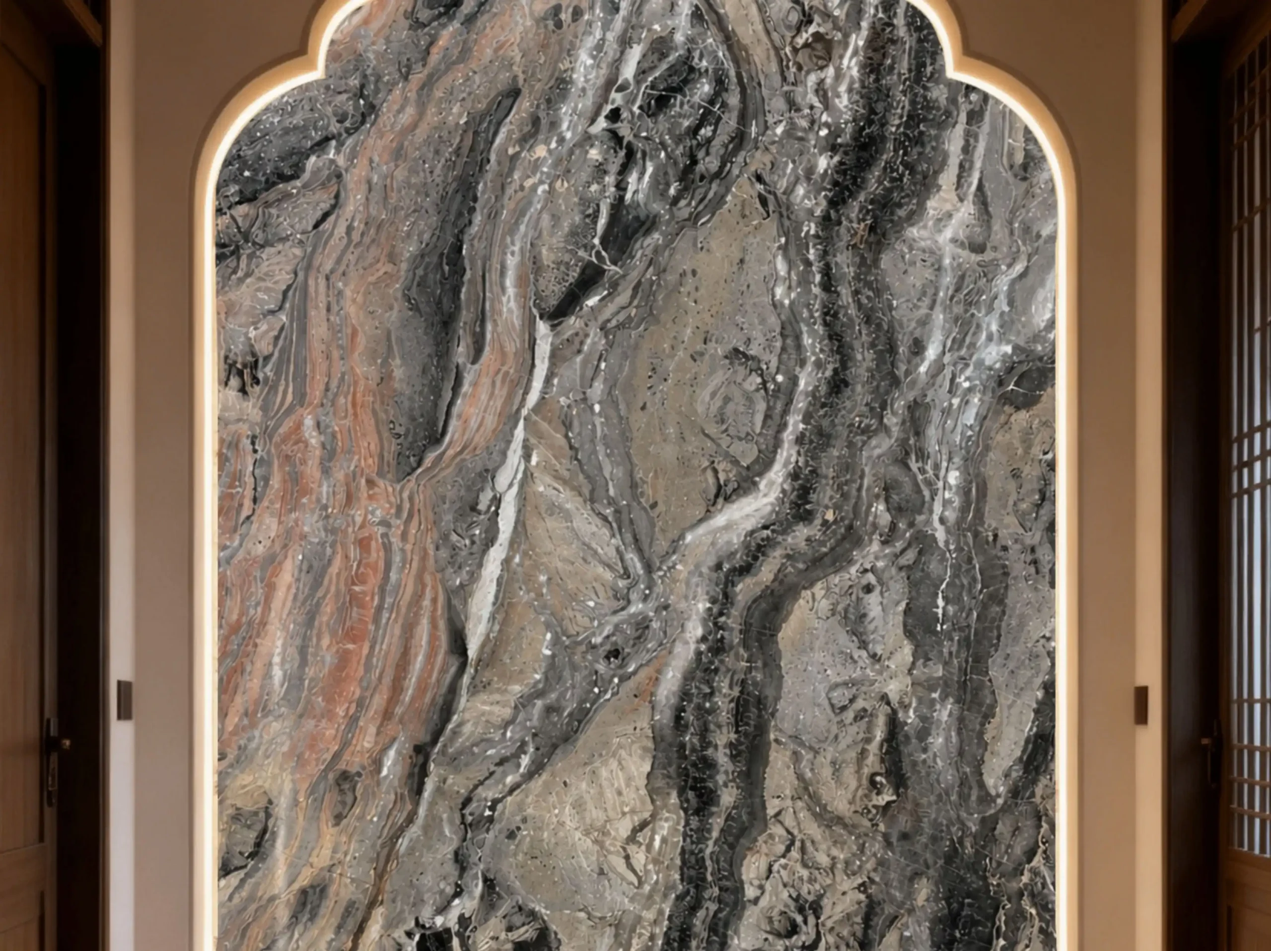 venetian-brown-marble-arched-feature-wall-panel-03.webp venetian brown marble arched feature wall panel with grey brown stone pattern