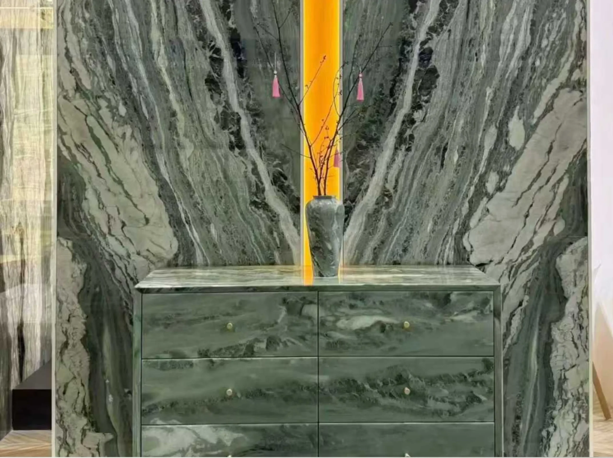 verde-vivo-quartzite-bookmatched-cabinet-feature-wall-02.webp verde vivo quartzite bookmatched cabinet feature wall with green white veining