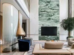 victoria green marble tv feature wall with pale green layered pattern