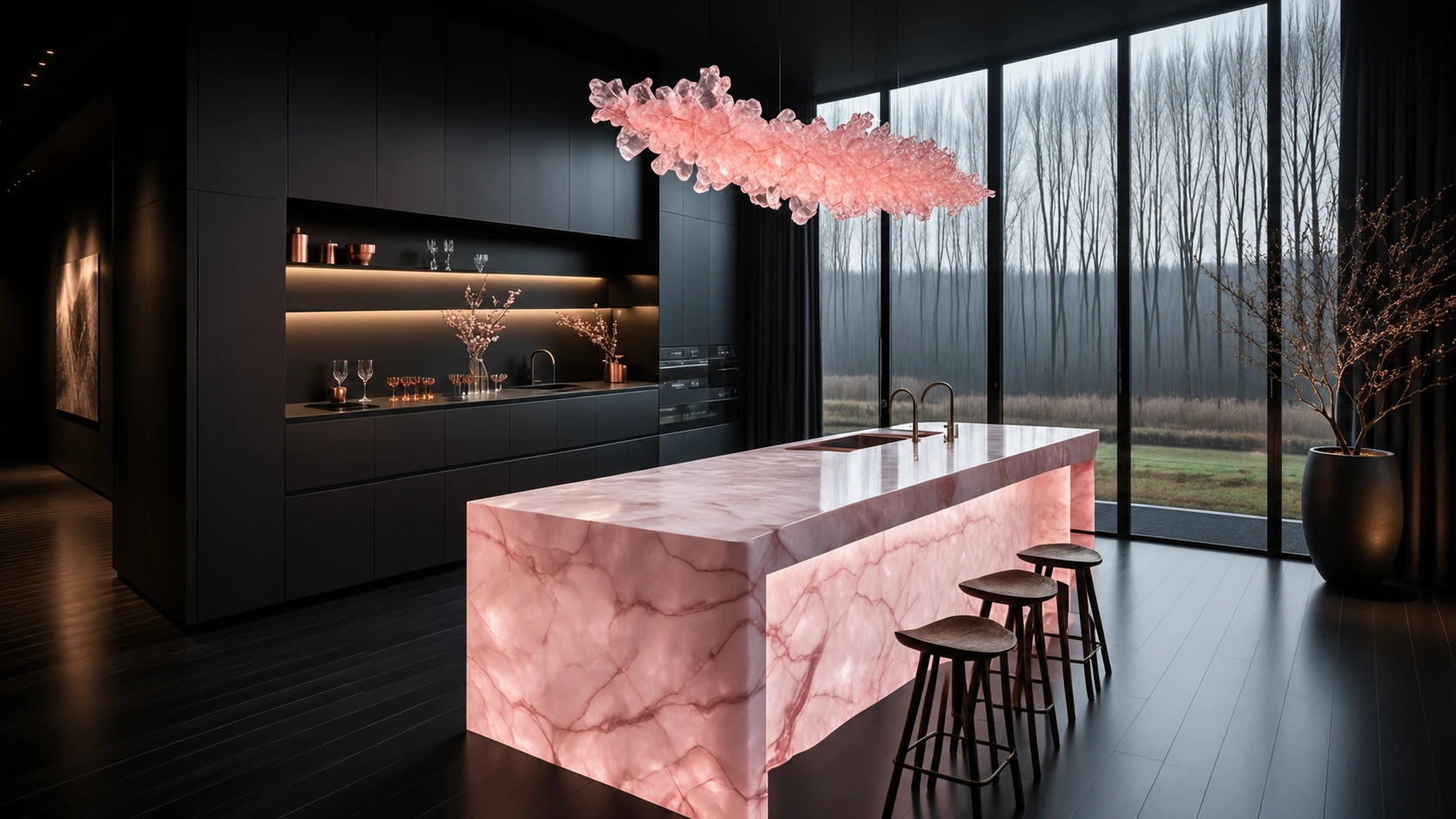 Backlit pink onyx bar counter in a luxury hotel lounge