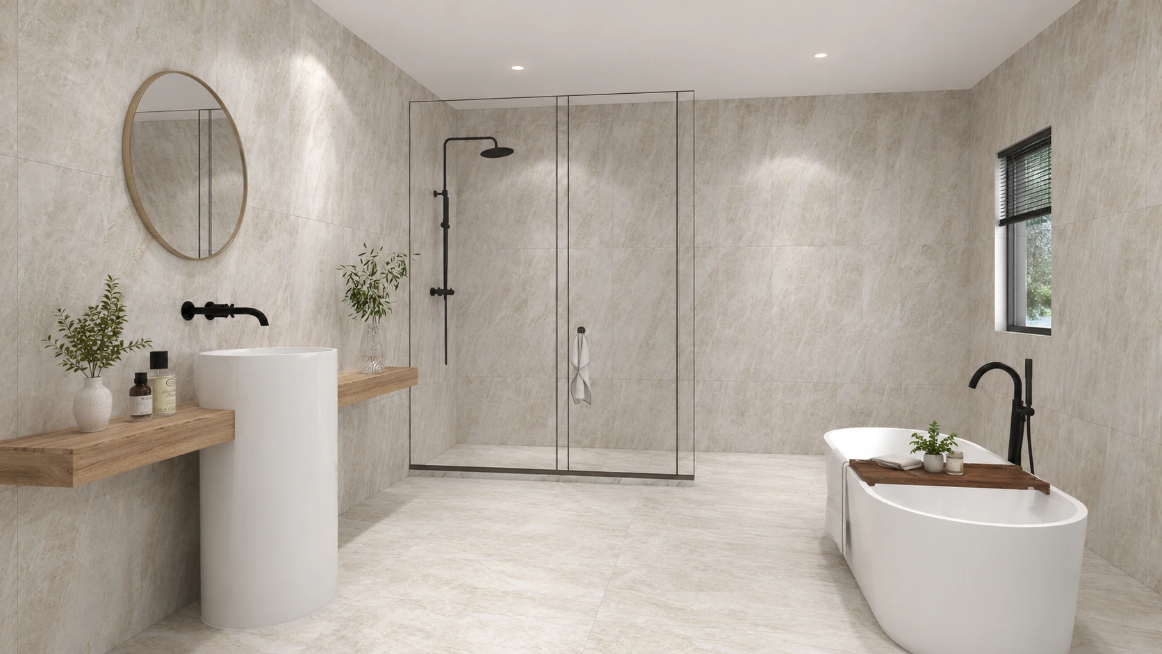 Beige marble hotel bathroom with stone walls, floor and vanity area