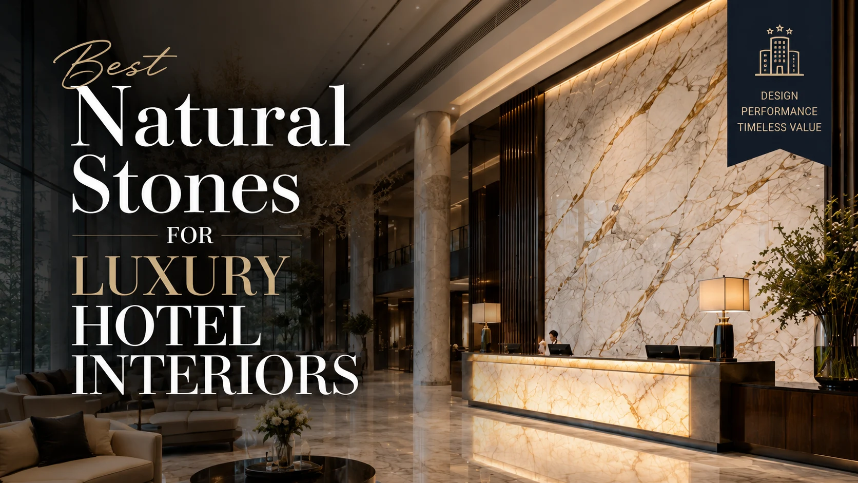 Best natural stones for luxury hotel interiors featuring marble walls, stone flooring and an illuminated reception counter
