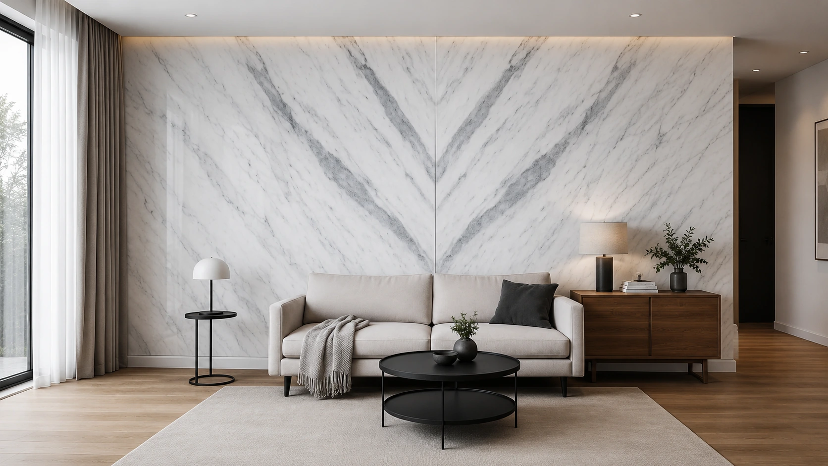 Bookmatched white marble feature wall with mirrored natural veining
