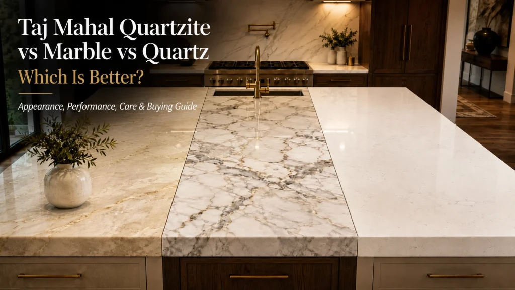 Taj Mahal Quartzite, natural marble and engineered quartz kitchen countertop comparison