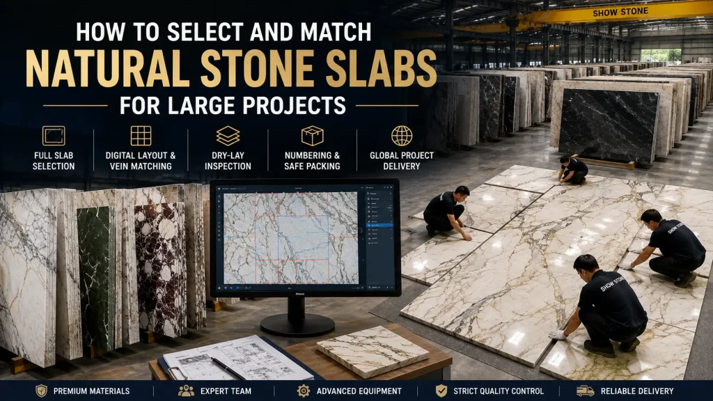 How to select natural stone slabs for large projects with warehouse selection, digital vein matching and dry-lay inspection