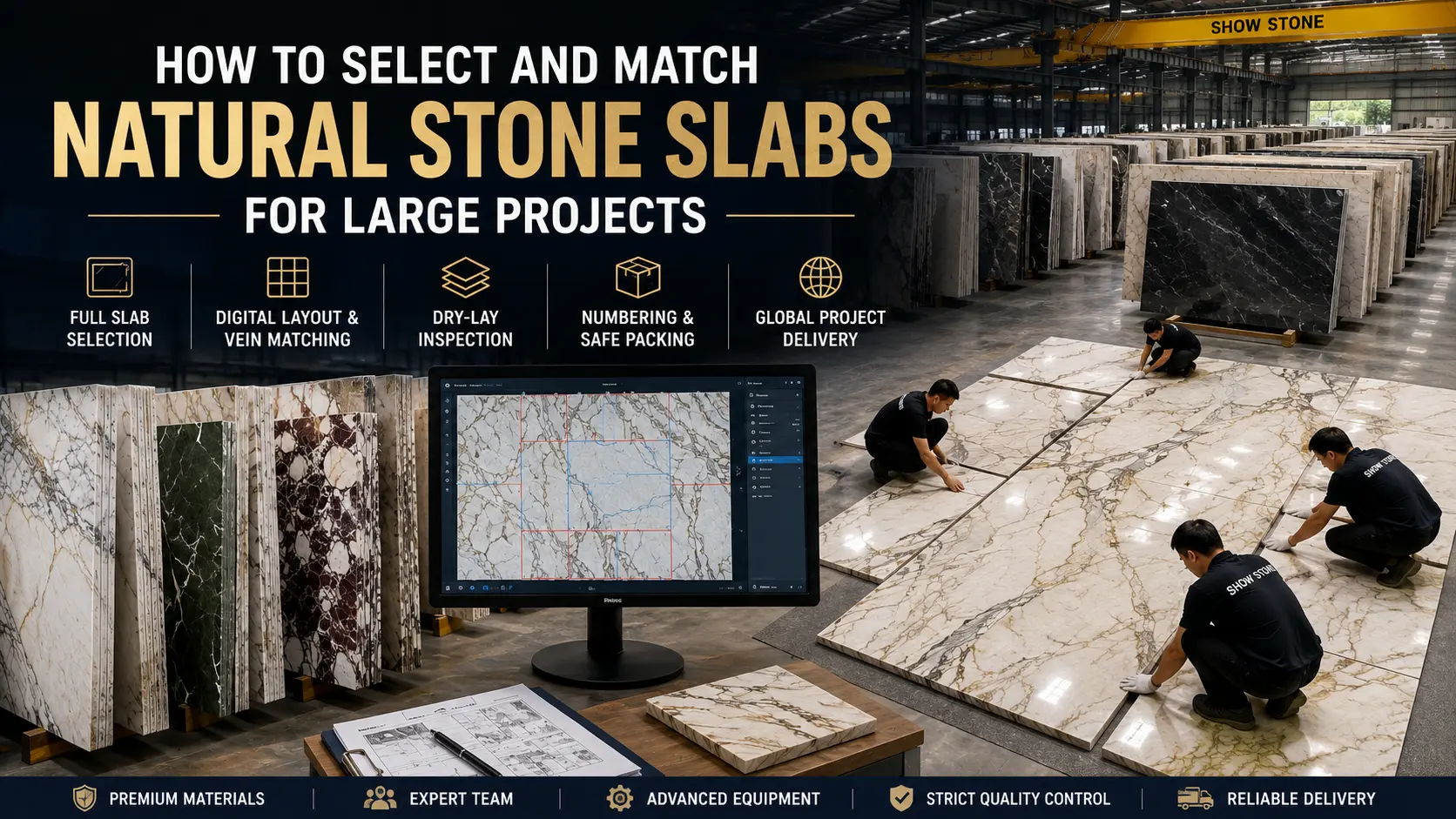 How to select natural stone slabs for large projects with warehouse selection, digital vein matching and dry-lay inspection