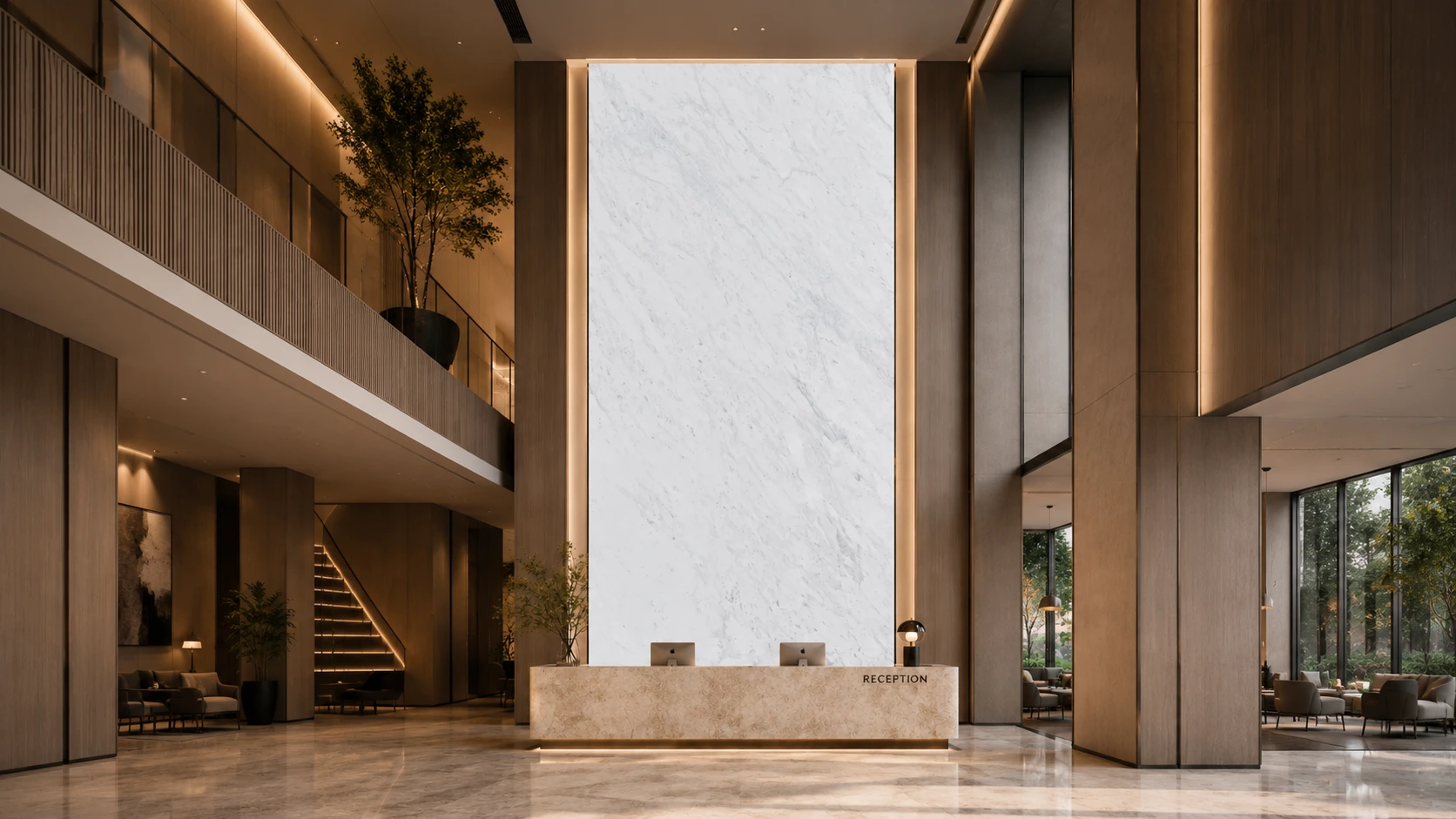 Best natural stones for luxury hotel interiors featuring marble flooring, wall panels and a reception counter