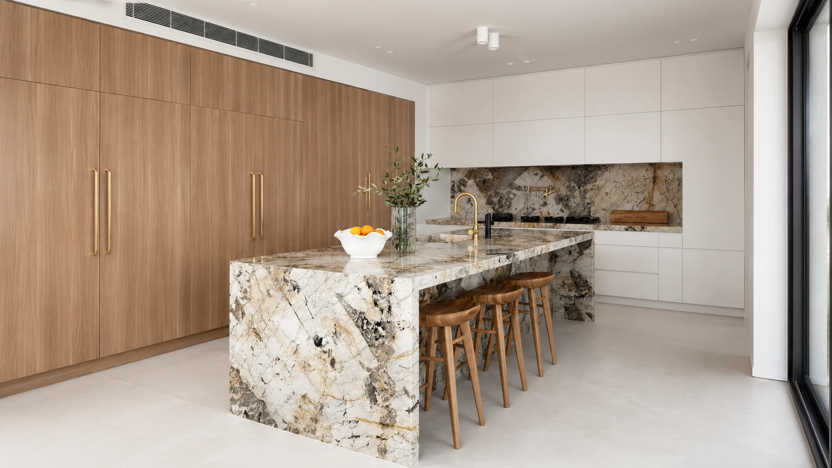 Luxury quartzite kitchen island in a premium hotel suite interior