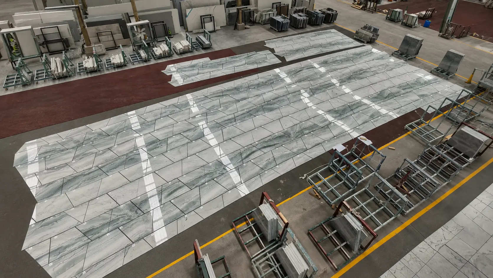 Natural stone factory dry-lay inspection for colour matching vein alignment and quality control