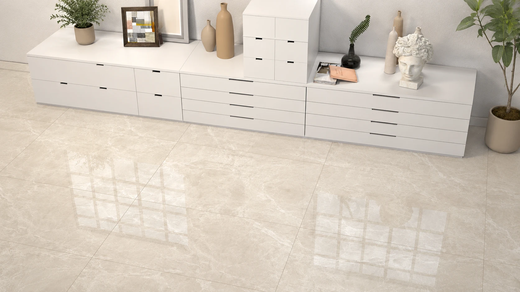 Polished beige marble floor tiles for a luxury hotel lobby interior