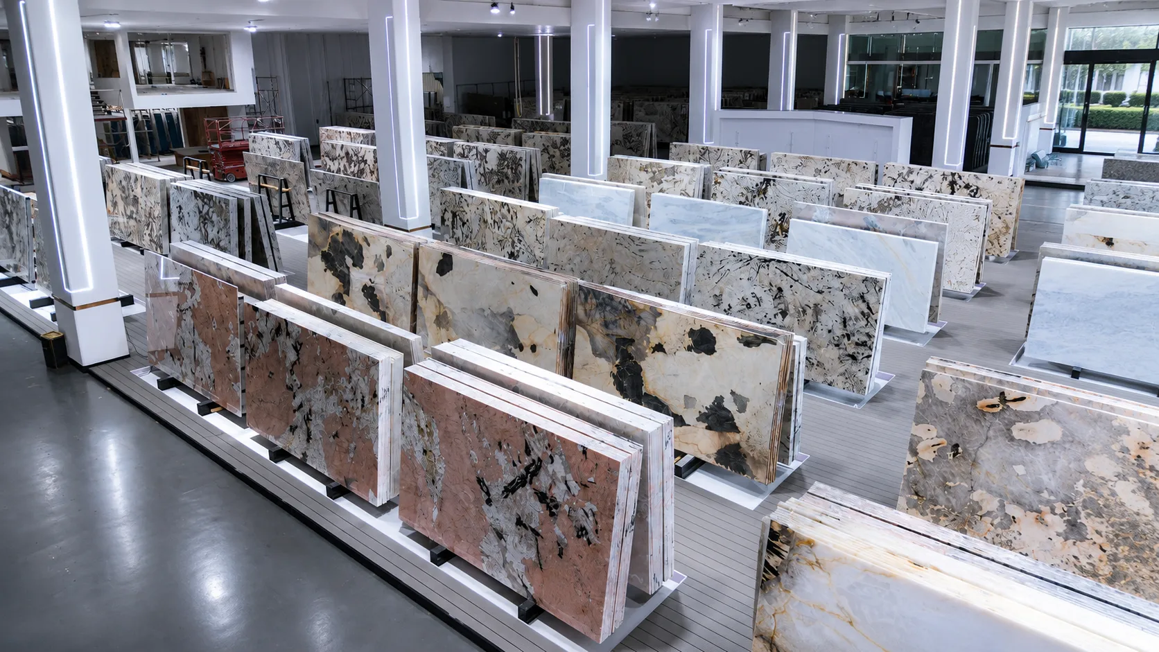 Natural stone slab warehouse for selecting and matching marble quartzite and onyx for large projects