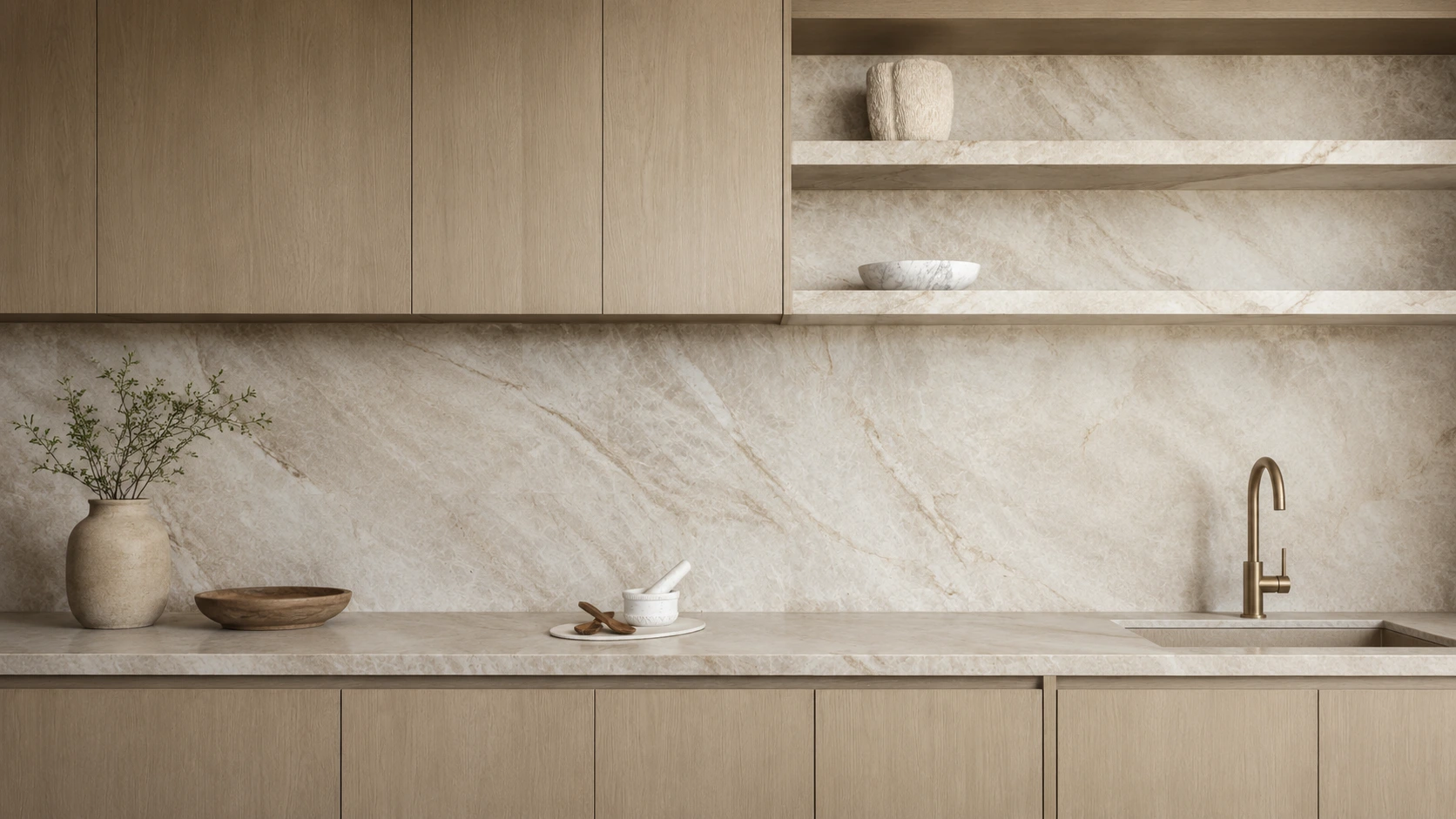 Taj Mahal Quartzite Full-Height Kitchen Backsplash Taj Mahal Quartzite full-height kitchen backsplash coordinated with cream stone countertops